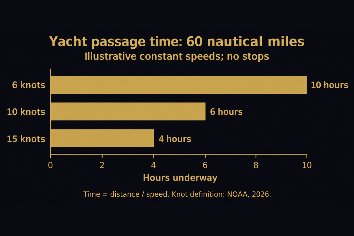 Illustrative 60 nautical mile passage with no stops: 6 knots takes 10 hours; 10 knots takes 6 hours; 15 knots takes 4 hours.